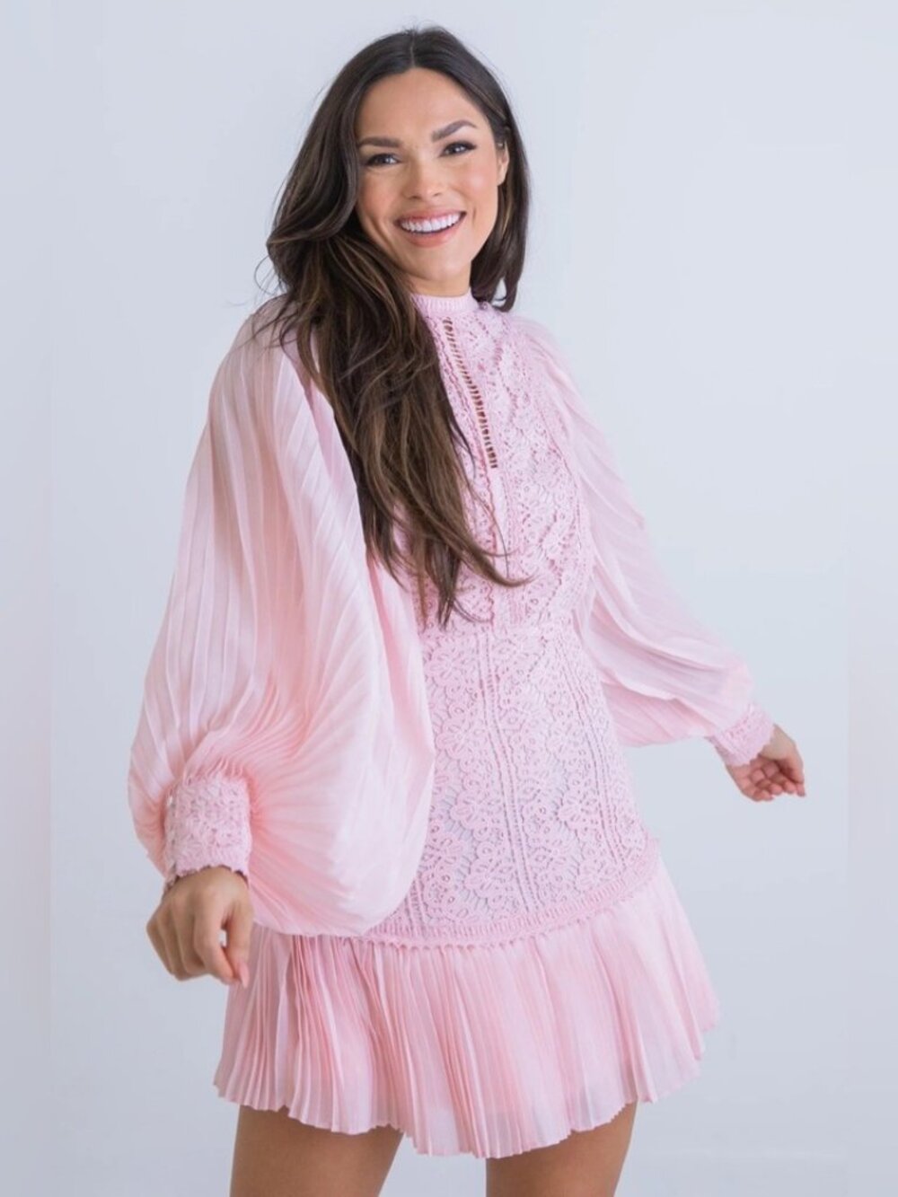 Karlie in Bloom PINK Crochet Long Bell Sleeve Pleated Mini Dress Romantic Medium